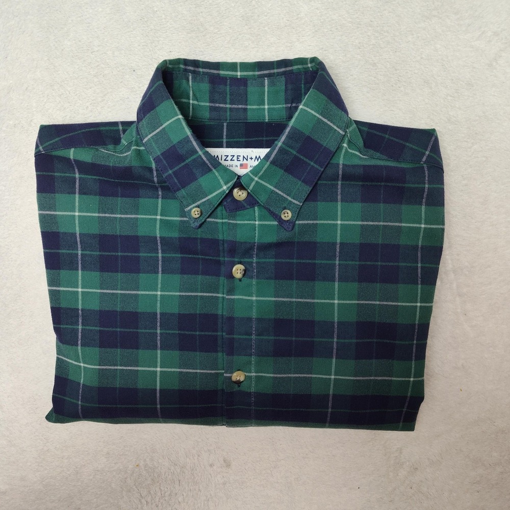 Mizzen+Main Shirt Mens Large Green Plaid Button-Up Flannel Slim Trim Fit USA